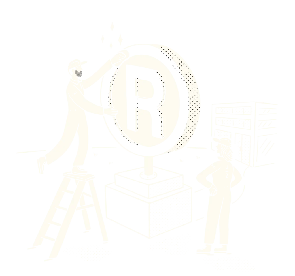 illustration of two designers on a ladder installing a large exterior sign