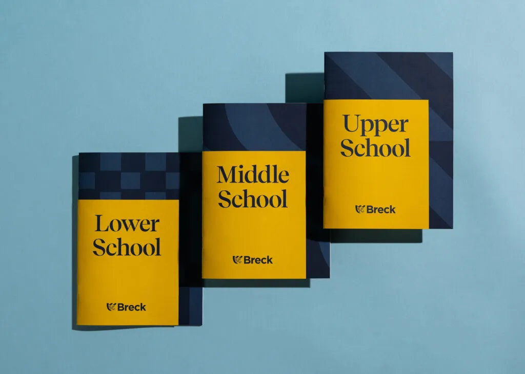 Lower school, Middle school, and Upper school branded information booklets. Design for Breck School by J2.