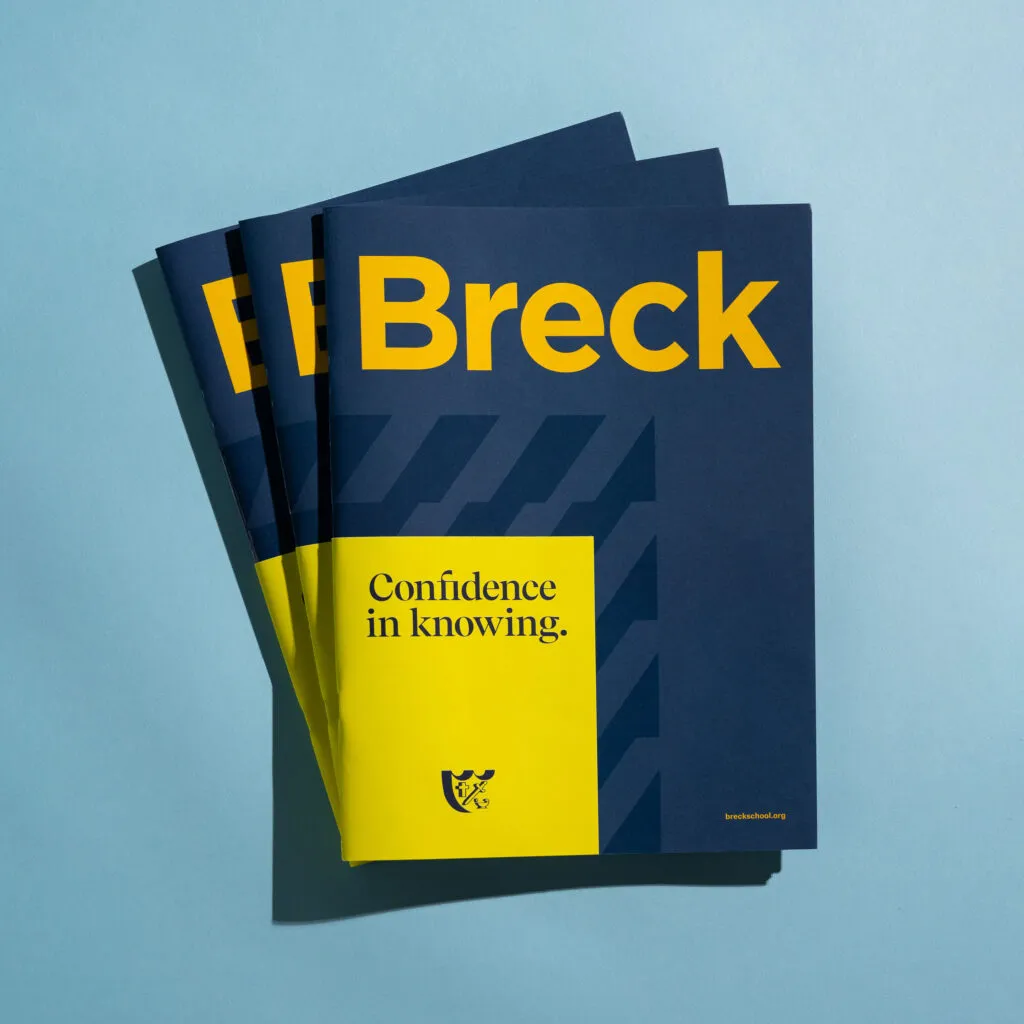 Prep school information booklets featuring modern typography and design. Breck School branding by J2.