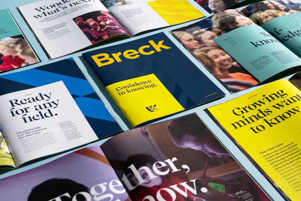 Collection of print marketing materials used for private school admissions process. Breck School branding project by J2.