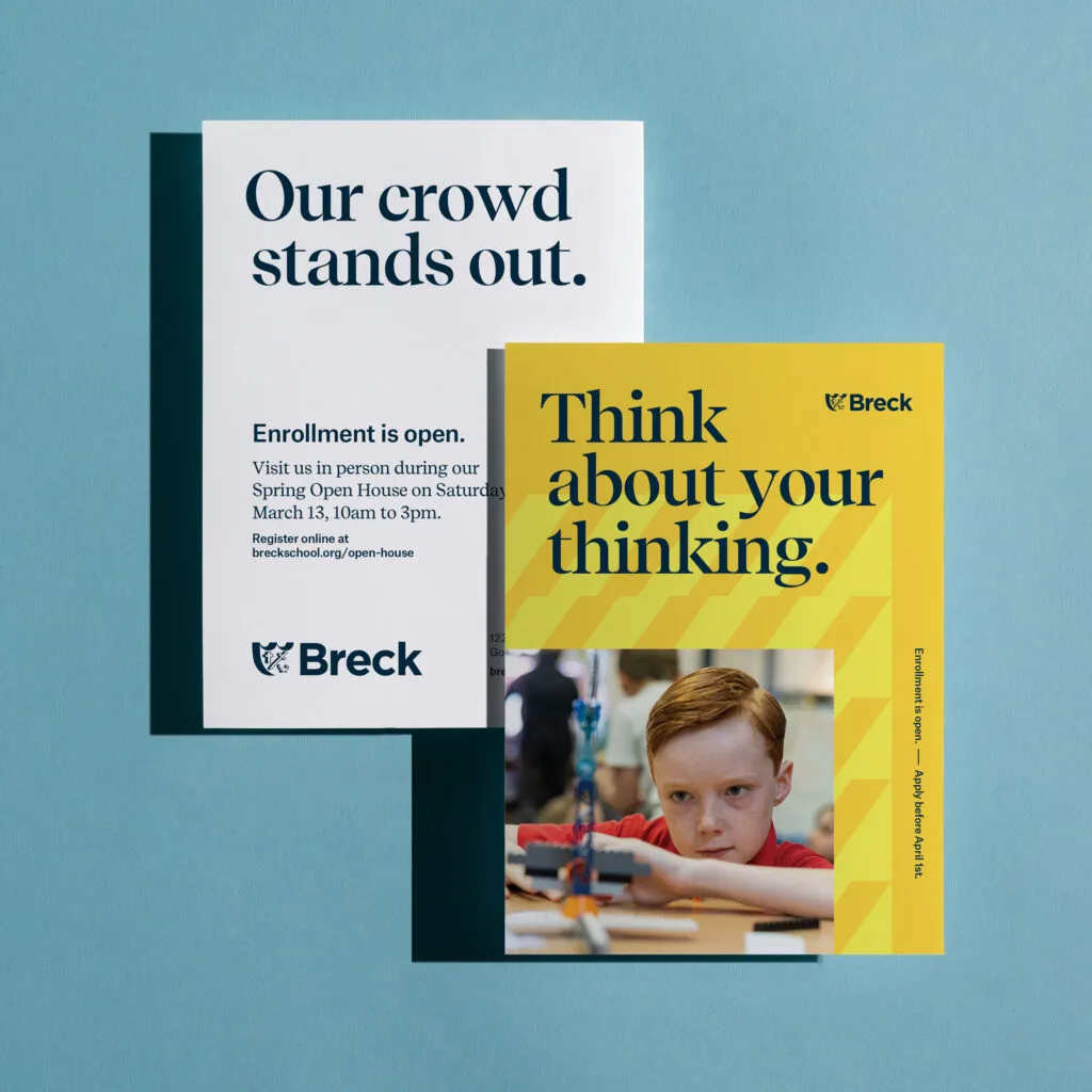 Two branded marketing flyers for Episcopalian private school. Breck School branding by J2.