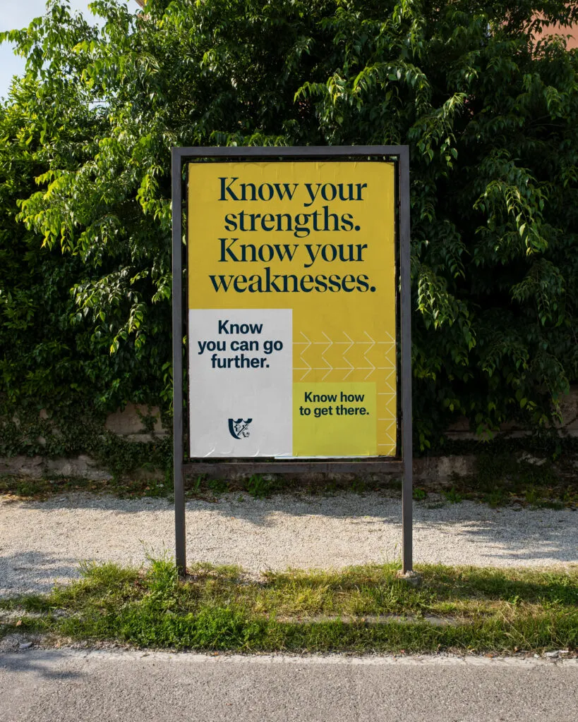 Pylon sign with bold typography on a bright background. Private school marketing material for Breck School by J2.