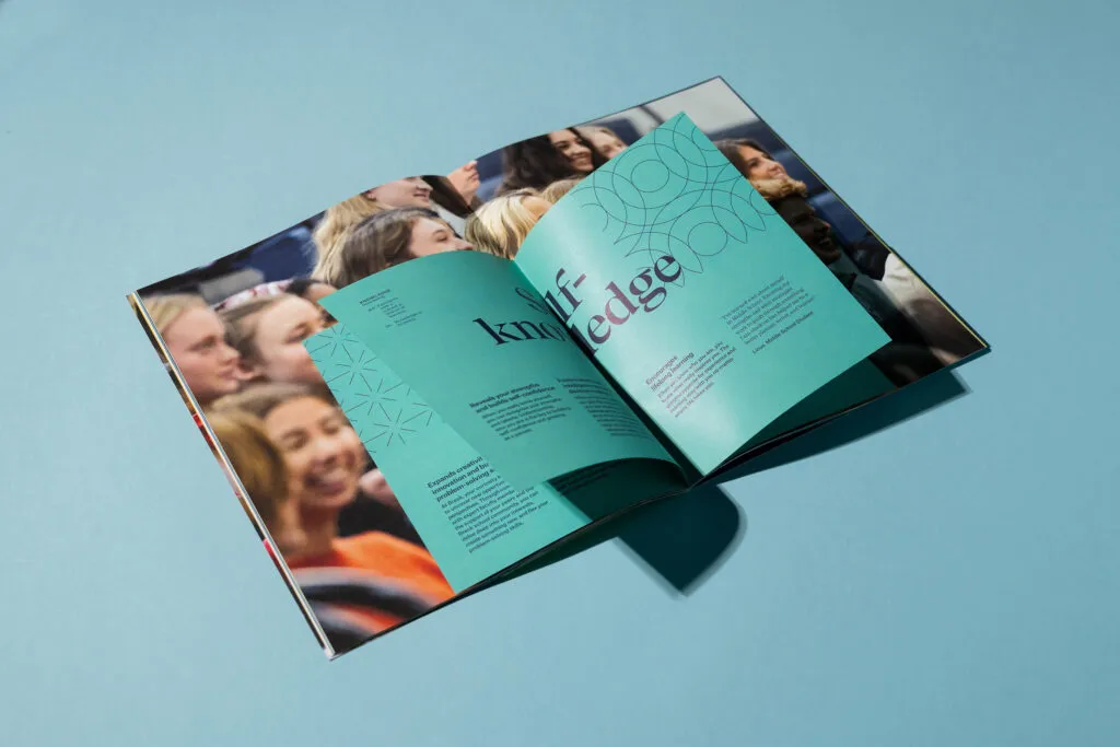 Mixed dimension printed admissions booklet featuring mission statements, engaging photography of prep school students and bold typography. Brech School branding by J2.