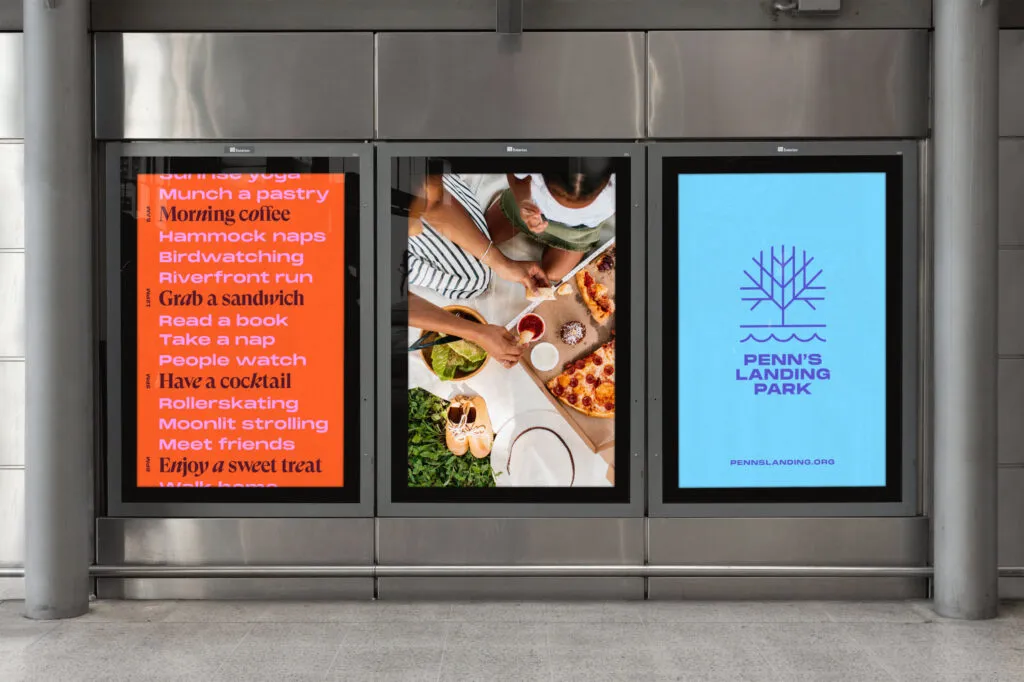 Branded posters in subway station, designed by J2 for Penn's Landing Park.