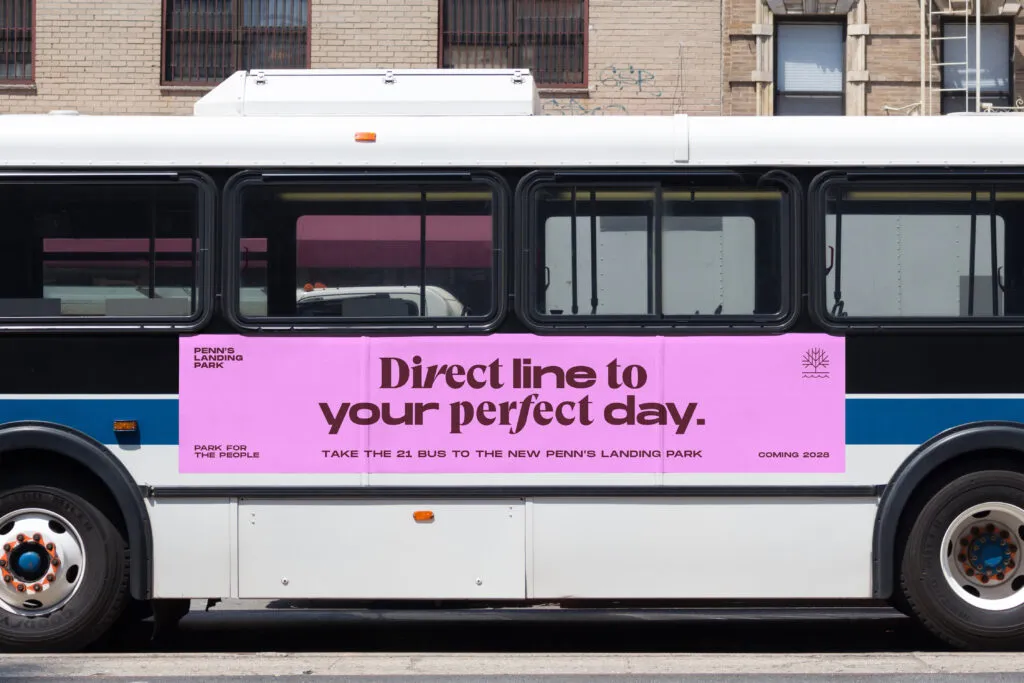 Colorful typographic brand campaign on bus for Penn's Landing Park