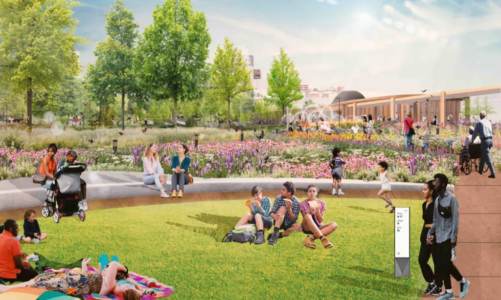 Rendering of many people eating, lounging, and talking in the park and garden around Penn's Landing Pavilion.