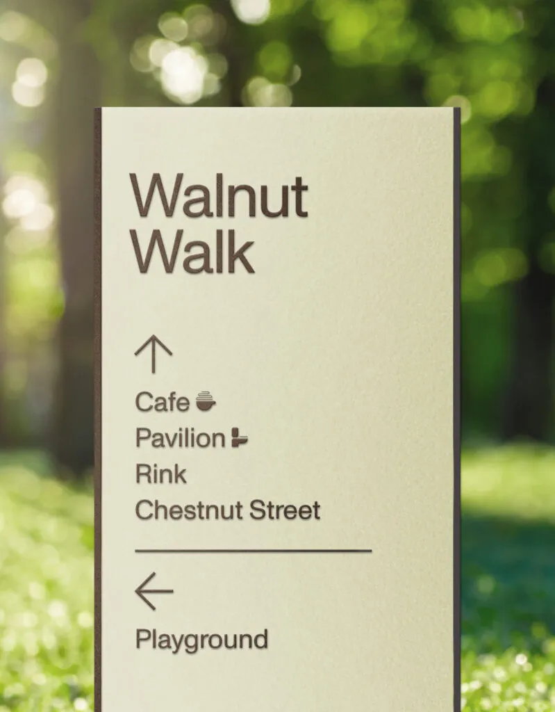 Minimal wayfinding signage for Penn's Landing Park project by J2