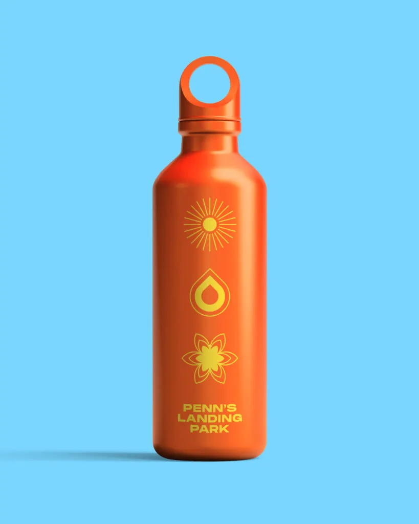 Branded water bottle for Penn's Landing Park by J2.