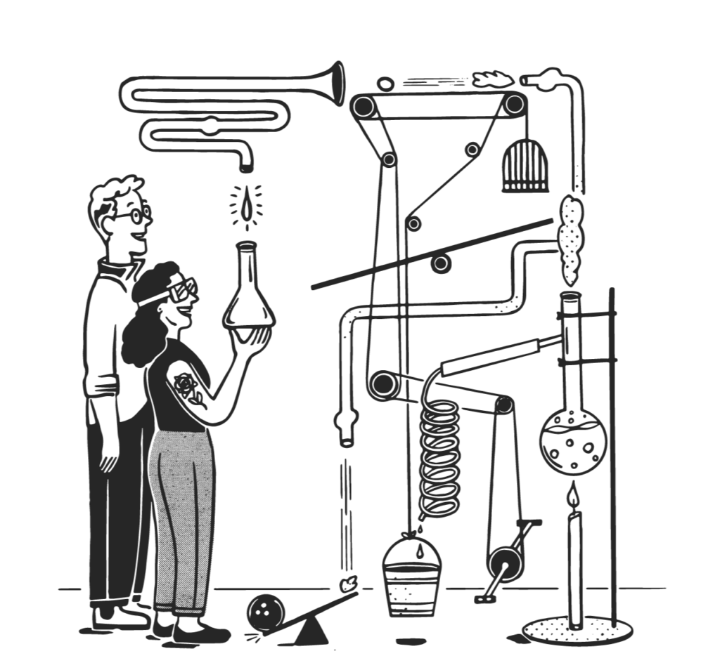 Illustration of brand strategists in laboratory with beakers and test tubes