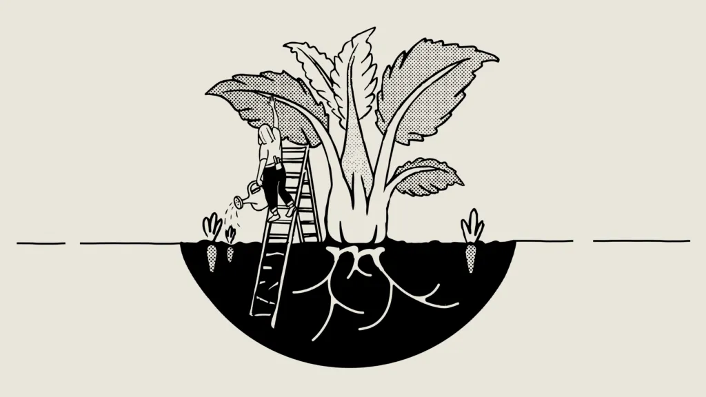 illustration of creative director on a ladder tending to a garden