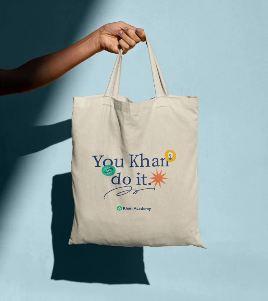 Branded canvas tote bag with typography and illustrations for Khan academy by J2.