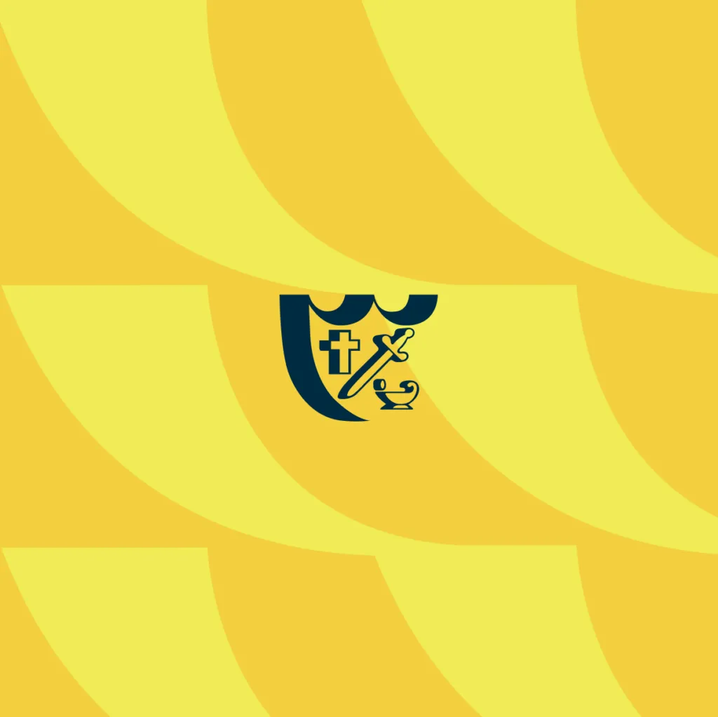 Illustration of school logo on bright, graphic background. Branding project for Breck School by J2.