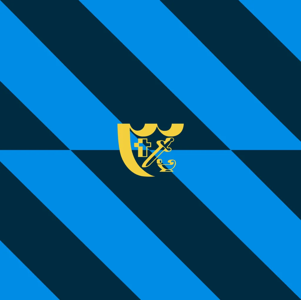 Illustration of Preparatory school crest on striped background, used as a modern logo.