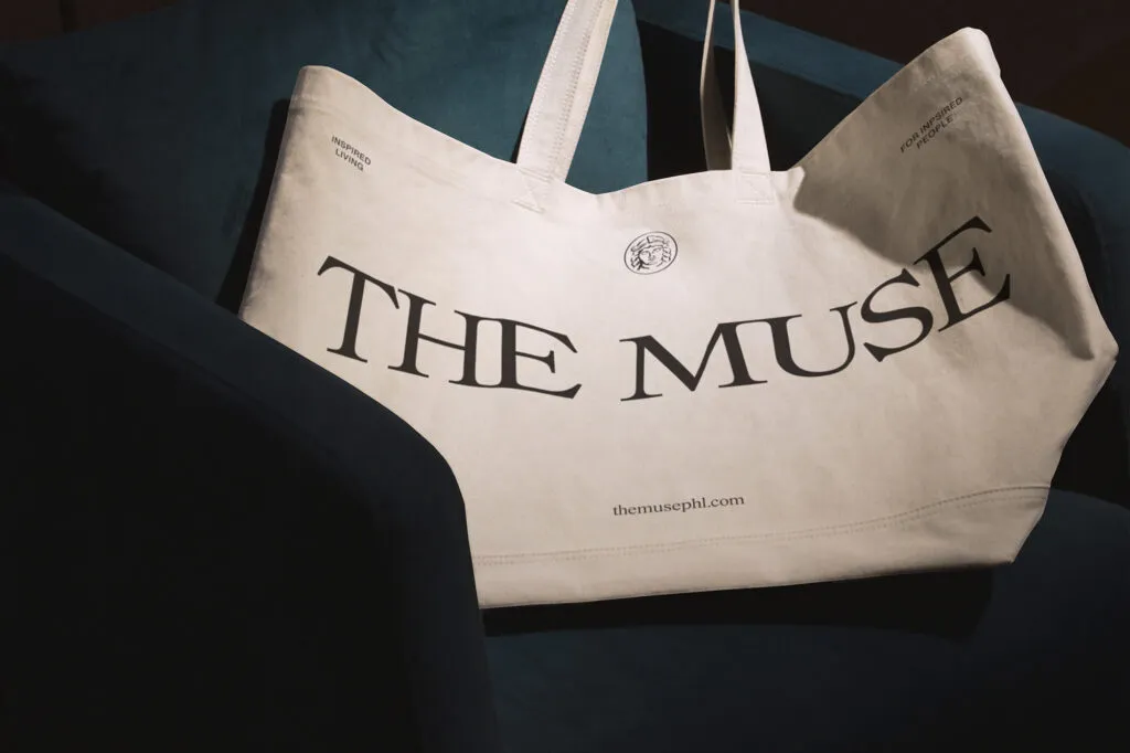 Oversized canvas tote with The Muse logo and branding by J2