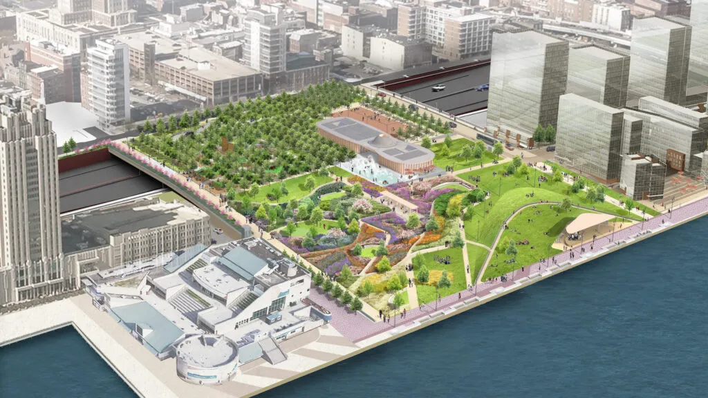 Architectural rendering of Penn's Landing Park and waterfront area.