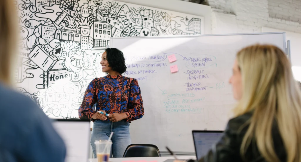 Brand strategists standing in front of white board leading a group working session