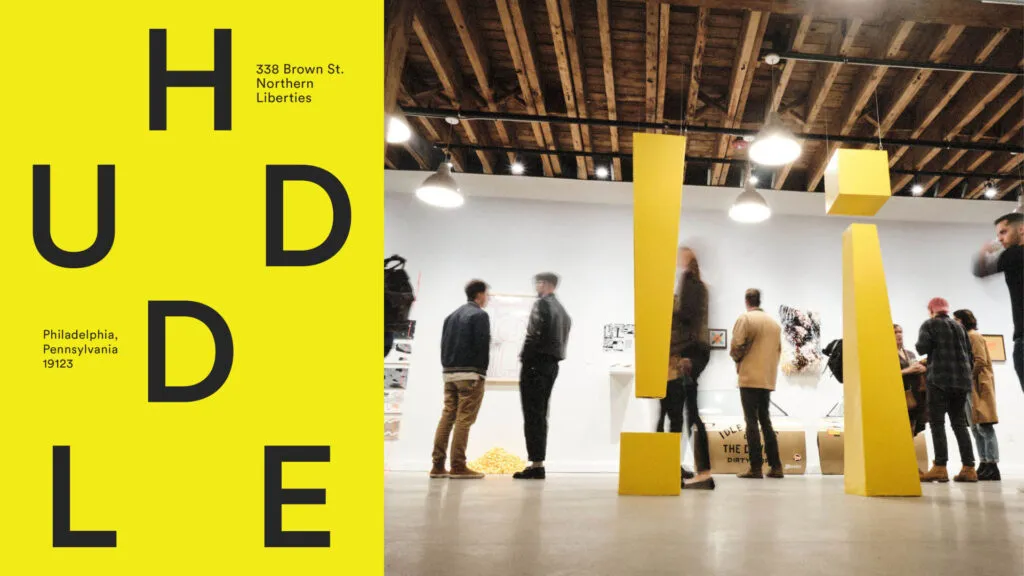 Side-by-side composition of a branded poster for a gallery and event space called Huddle; next to it is an image of the gallery in use, with freestanding sculptures and people walking around, looking at artwork